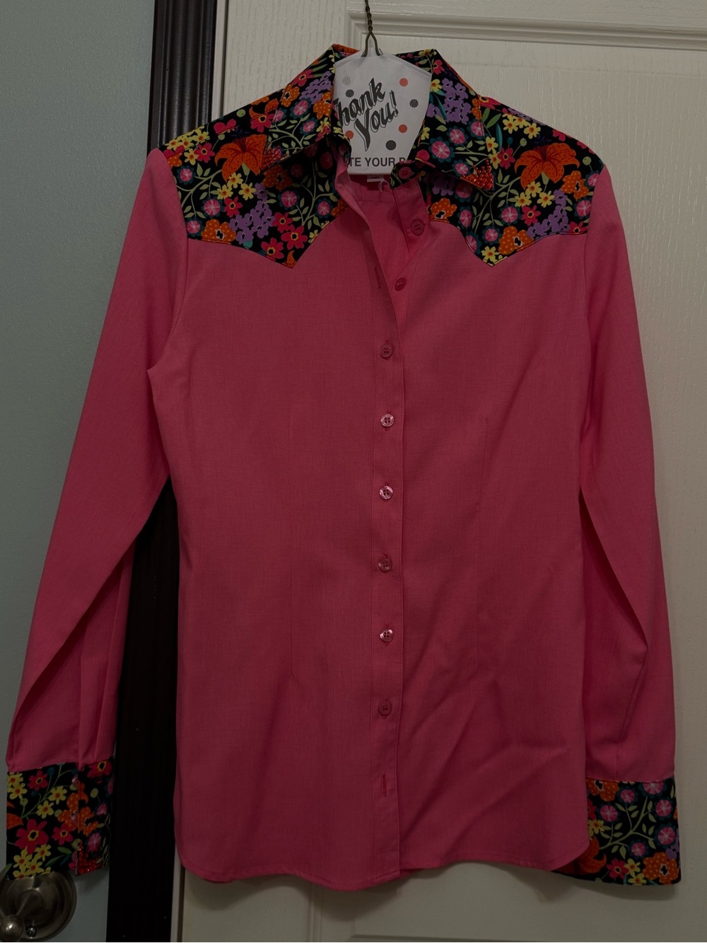 Women's Pink Button-Down Shirt with Floral Yoke and Cuffs